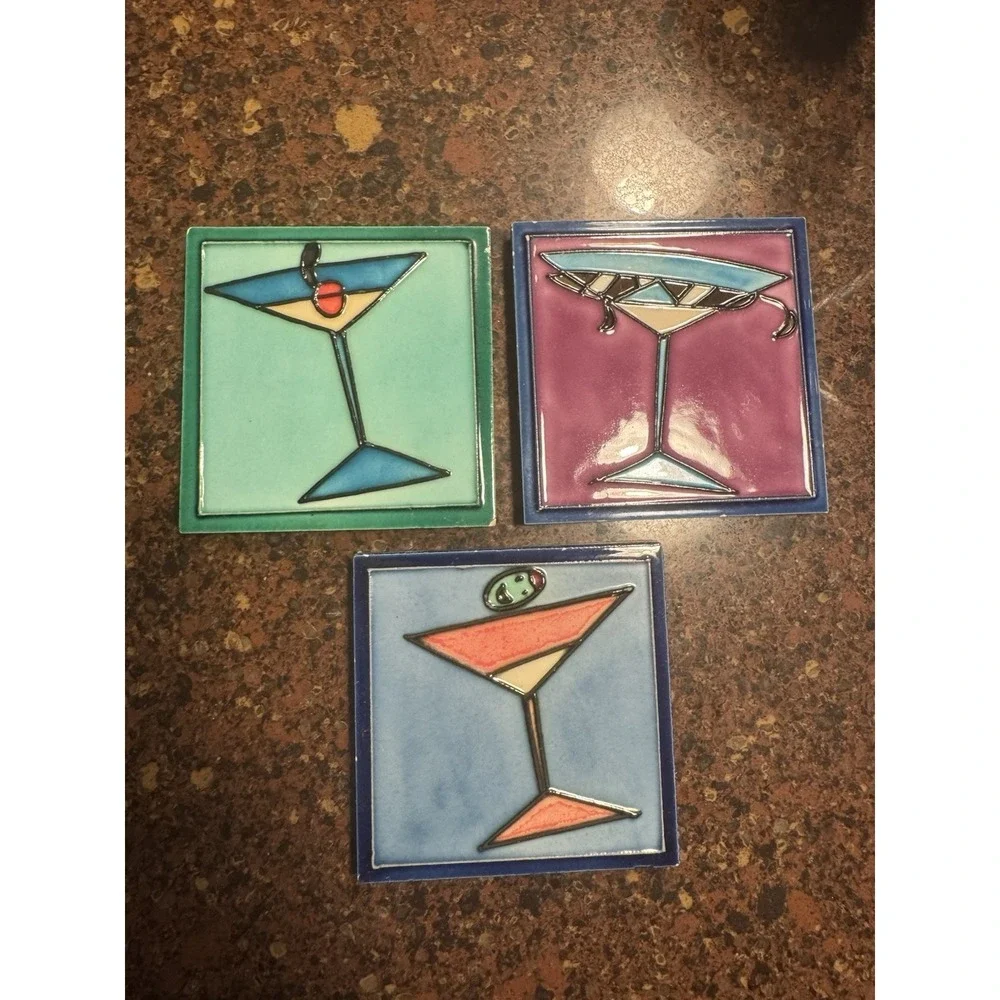 Set of 3 Mid-Century Retro Martini Glass Ceramic Tile Coasters Bar Decor